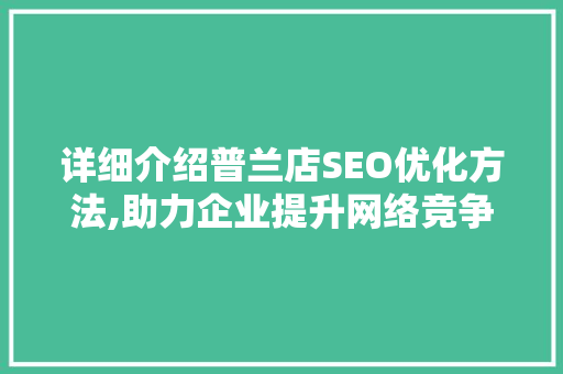 详细介绍普兰店SEO优化方法,助力企业提升网络竞争力