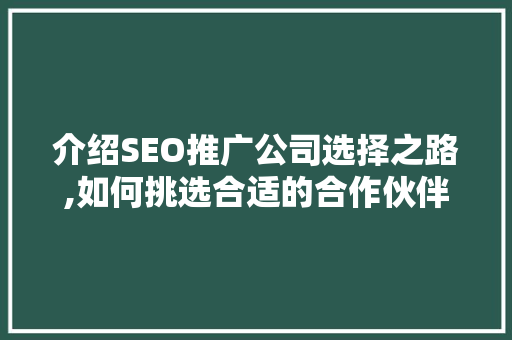 介绍SEO推广公司选择之路,如何挑选合适的合作伙伴