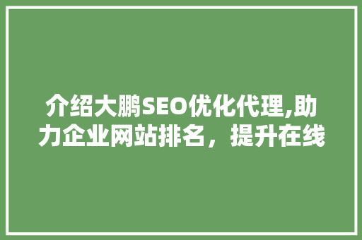 介绍大鹏SEO优化代理,助力企业网站排名，提升在线竞争力
