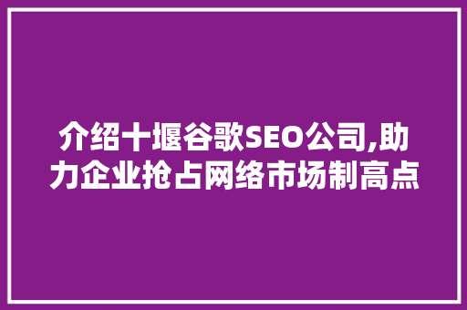 介绍十堰谷歌SEO公司,助力企业抢占网络市场制高点