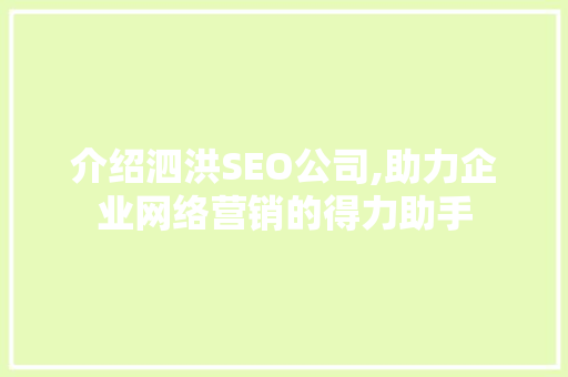 介绍泗洪SEO公司,助力企业网络营销的得力助手
