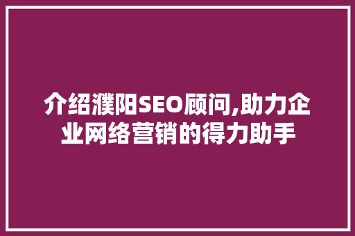介绍濮阳SEO顾问,助力企业网络营销的得力助手