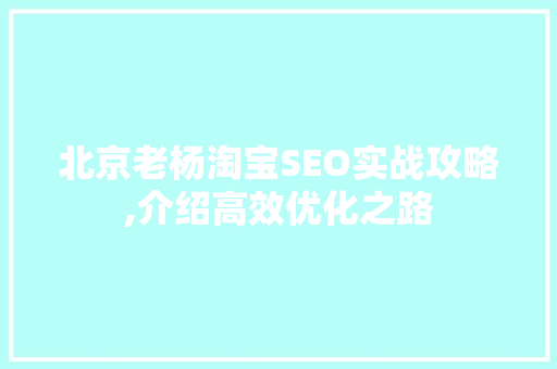北京老杨淘宝SEO实战攻略,介绍高效优化之路