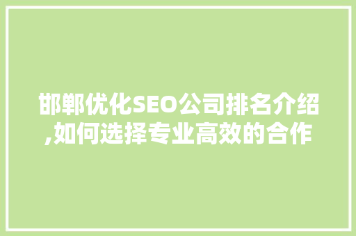 邯郸优化SEO公司排名介绍,如何选择专业高效的合作伙伴