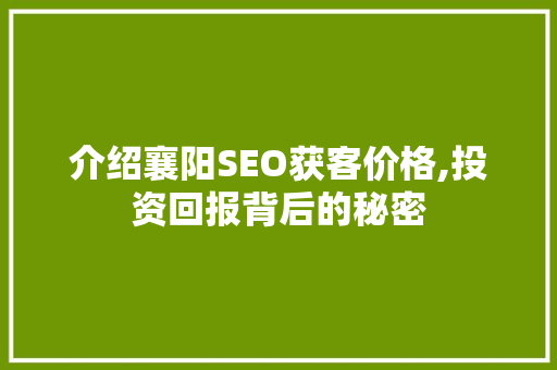 介绍襄阳SEO获客价格,投资回报背后的秘密