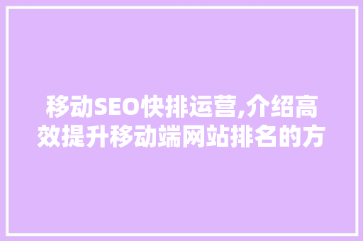 移动SEO快排运营,介绍高效提升移动端网站排名的方法