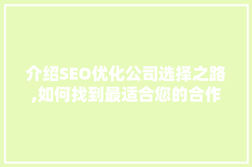 介绍SEO优化公司选择之路,如何找到最适合您的合作伙伴