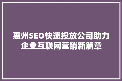 惠州SEO快速投放公司助力企业互联网营销新篇章