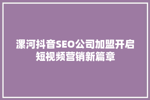 漯河抖音SEO公司加盟开启短视频营销新篇章