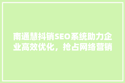 南通慧抖销SEO系统助力企业高效优化，抢占网络营销制高点