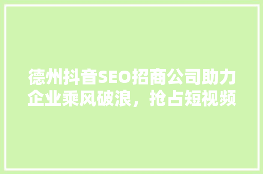 德州抖音SEO招商公司助力企业乘风破浪，抢占短视频营销新风口