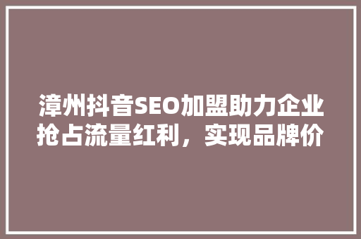 漳州抖音SEO加盟助力企业抢占流量红利，实现品牌价值飞跃