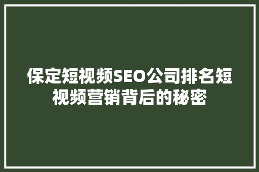 保定短视频SEO公司排名短视频营销背后的秘密