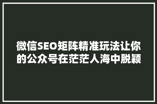 微信SEO矩阵精准玩法让你的公众号在茫茫人海中脱颖而出