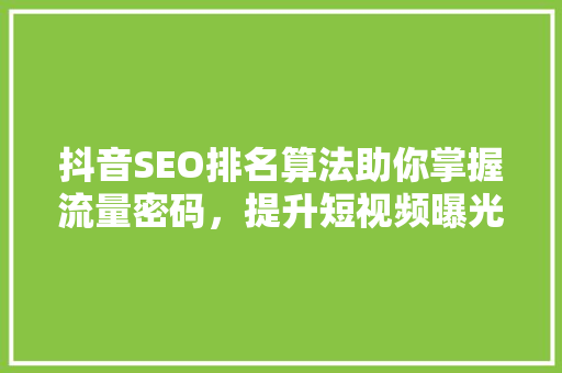 抖音SEO排名算法助你掌握流量密码，提升短视频曝光率