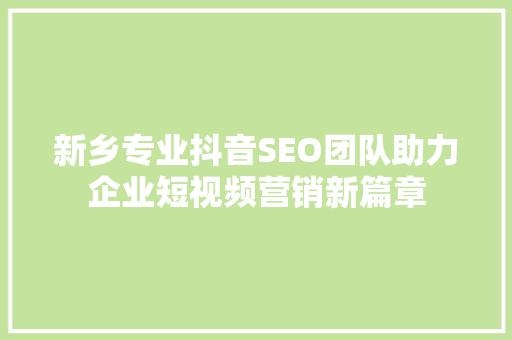 新乡专业抖音SEO团队助力企业短视频营销新篇章