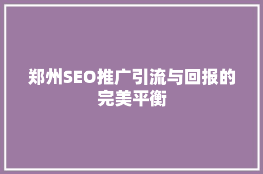 郑州SEO推广引流与回报的完美平衡