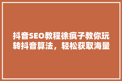 抖音SEO教程徐疯子教你玩转抖音算法，轻松获取海量流量