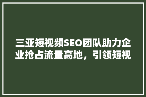 三亚短视频SEO团队助力企业抢占流量高地，引领短视频营销新潮流