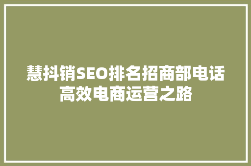 慧抖销SEO排名招商部电话高效电商运营之路