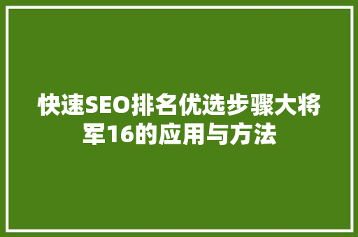 快速SEO排名优选步骤大将军16的应用与方法