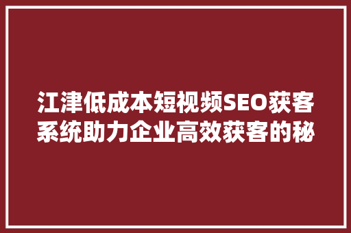 江津低成本短视频SEO获客系统助力企业高效获客的秘密武器